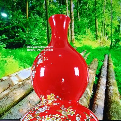 Bình Hồ Lô Men Đỏ - Hoạ Tiết Chim Hoa Đào - Gốm Sứ Trung Quốc